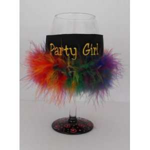  Party Girl Wine Koozie with Rainbow Maribou
