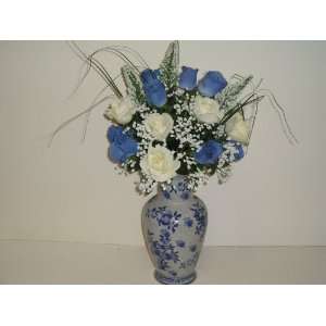  Blue Roses with Babys Breath in Oriental Vase (20tall 