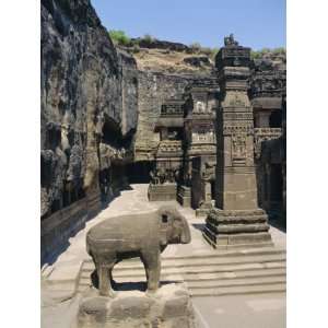 Massive Elephant and Column in Nw of Courtyard, Kailasa Temple, Ellora 