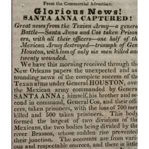  1836 Newspaper After Alamo Capture of Santa Ana