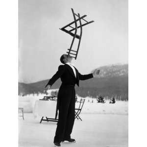 Head Waiter Rene Breguet Balancing Chair on Chin at Ice Rink of Grand 