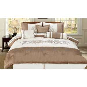  7 Piece Embroidered Scroll Design Taupe / Cream Comforter 