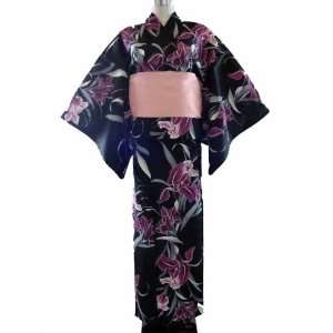  Kimono Yukata Black & Purple Lily Flower + Obi Belt Toys 