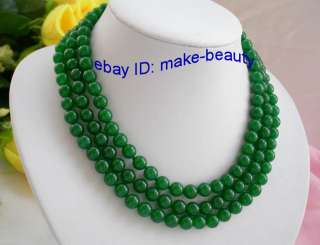 stunning 3rows 8mm round green crude jade beads necklace 9K  