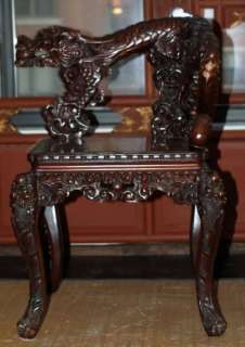 OUTSTANDING ANTIQUE CHINESE MAHOGANY DRAGON CORNER CHAIR  