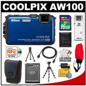 Nikon Coolpix AW100 Shock & Waterproof GPS Digital Camera (Blue) with 