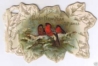   Year Wishes, Red Birds Die Cut Embossed Victorian Card 1900s  