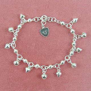 Sterling Silver  6 inch Heart and Bell Bracelet (BR145)  