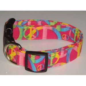  Multicolored Rainbow Tye Dye Pink Peace Sign Dog Collar 