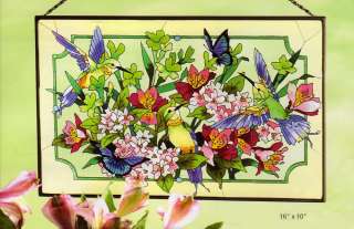 HUMMINGBIRD LILIES BLOSSOMS 16x10 STAINED GLASS PANEL  