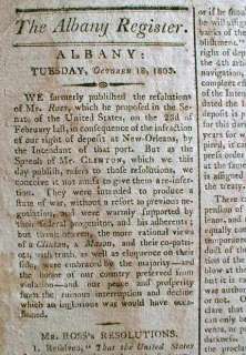 Rare 1803 ALBANY REGISTER New York newspaper w LOUISIANA Purchase NEW 