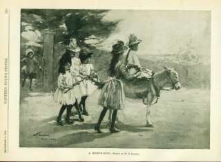 GIRL RIDING DONKEY SIDESADDLE ANTIQUE PRINT 1889  