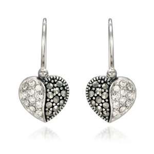   Sterling Silver Marcasite and Clear Crystals Pave Heart Earrings