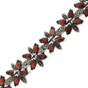  Sterling Silver Marcasite Genuine Garnet Flower Bracelet Jewelry