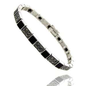  Sterling Silver Black Onyx and Marcasite Square Bracelet Jewelry
