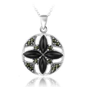    Sterling Silver Onyx & Marcasite Round Flower Pendant Jewelry