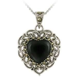  Sterling Silver Onyx & Marcasite Filigree Heart Necklace Jewelry