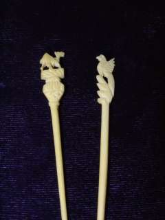 1930s? vintage carved food picks/toothpicks, camel & bird, ivory 