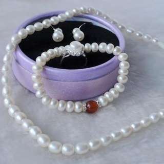 New Freshwater White Genuine Pearl Necklace Bracelet Earring Ring Set