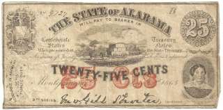 1863 State of Alabama 25 Cent Confederate Bank Note Currency  