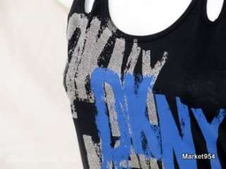 DKNY Tank Top New York Glitter Back Knot S Black, Teal & White Donna 