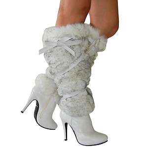 Trendy City Look Faux Fur Double Wrapped Straps Knee High Heel Boots 