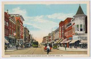 1922 NEWPORT NEWS VA old Washington Avenue Stores STREET CAR postcard