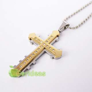   Steel Gold Diamond Multi Cross Chain Pendant Necklace ID3670  