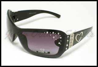 RHINESTONE HEART Womens Shield Fashion Sunglasses BLACK  