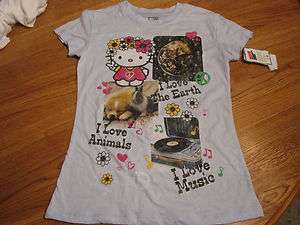 Girls youth Hello Kitty t shirt Kona Blue I Love the Earth Animals 