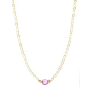 White Rice Pearl Strand with Amethyst Oval Center Necklace, 18