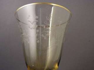 YELLOW CRYSTAL ETCH FLORAL FUSHIA? GOLD TRIM WINE GLASS  