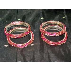  4p Bellydance Indian Bangles Party Wear Hot Pink Lac Beaded Indian 