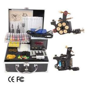  2 Cast Iron Tattoo Machine Kit with LCD Power and 20 Color 