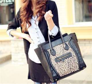 Fashion Womans Black&Leopard PU Leather Handbags Zipper Closure Totes 