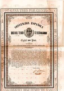 Mexico 1854 Bono Tesoro 200 Pesos Convencion Espanola Bond SCARCE 
