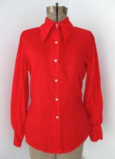 Vtg 60s 70s Mod Bright Red Disco Fitted Blouse Top Pirate Shirt Big 