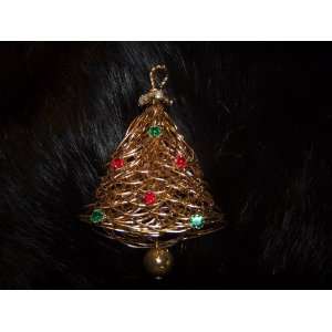 VINTAGE Gold Wire Christmas Tree Pin with Rhinestones 