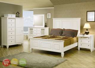 King White Wood Panel Bed 6 Piece Bedroom Set w/ Chest  