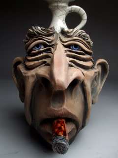   Timer with Cigar   Face Jug raku pottery folk art sculpture by Grafton