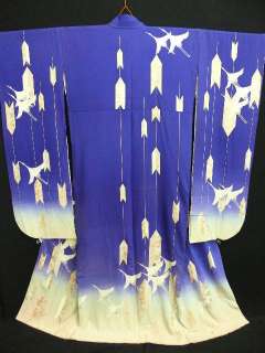 Blue Silk Chirimen ji Furisode w/Crane H98  