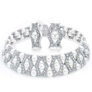   Faux Pearl Crystal Waved Bridal Choker Necklace Earrings Set Jewelry