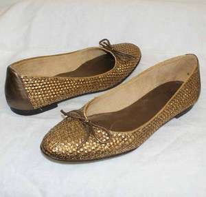 STUART WEITZMAN Gold Metallic Sequin Leather Trim Ballet Flats Shoes 