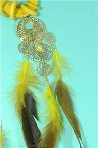 12 Yellow Wood Hoop & Genuine Feather Statement Earring, Boho Copper 