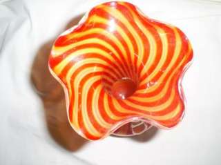Art Glass Pink Yellow Orange Swirl Clear Handle Vase  