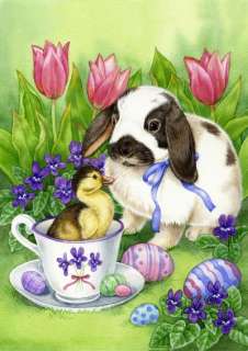 Easter Friends Tea Cup Bunny Duckling Tulips Eggs Violet Holiday Sm 