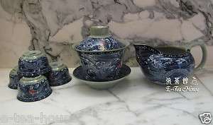   Chinese Blue & White Dragon Gaiwan, Water Jug & Cups   Tea Set  