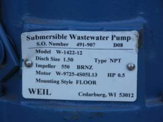 Weil Single Seal Submersible Wastewater Pump #1422, 1/2 HP 1 PH 