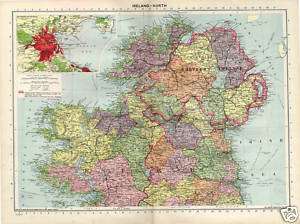 Beautiful Large 1940 Philips Map Ireland North, Dublin  