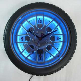 Maples Clock 14 Wall Tire Clock   Blue Neon L2277 D14 BU New  